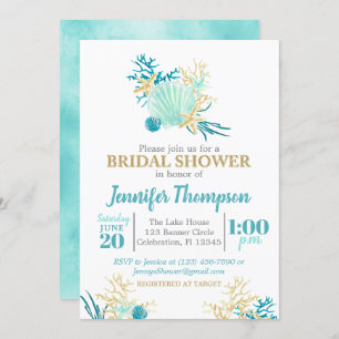 Beach Bridal Shower Teal and Gold Watercolor Invitation