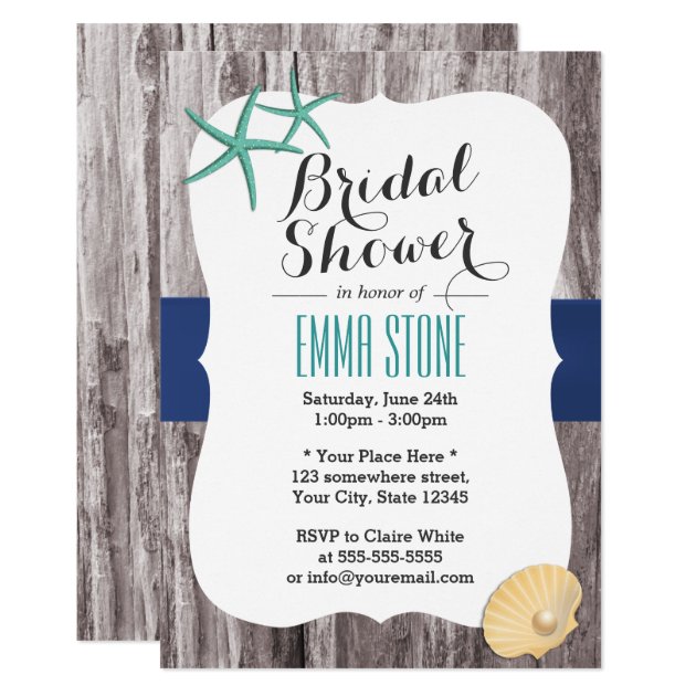 Beach Bridal Shower Teal Starfish Rustic Wood Invitation