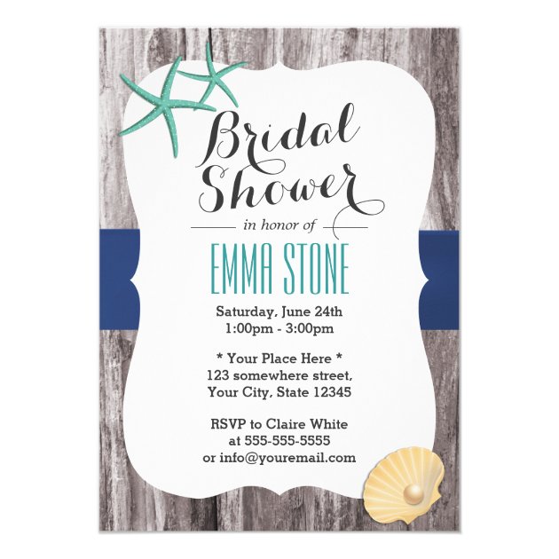 Beach Bridal Shower Teal Starfish Rustic Wood Invitation