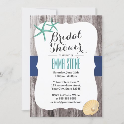 Teal Starfish Wood Background Beach Bridal Shower Invite