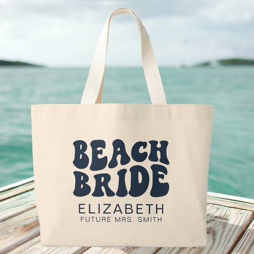 Beach Bride Navy Blue Cool Bachelorette Party Large Tote Bag