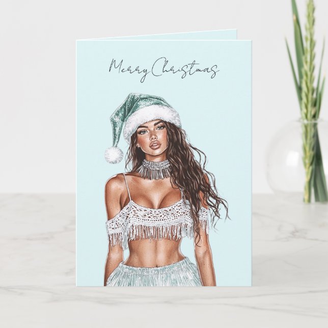 Beach Brown Hair Lady Christmas   Card (Front)
