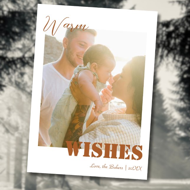 Beach Brown Warm Wishes Two Beach Family Photo Holiday Card (Creator Uploaded)