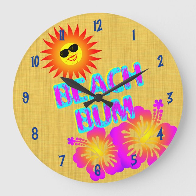 Beach Bum Hibiscus Flowers Blue Numbers Large Clock (Front)