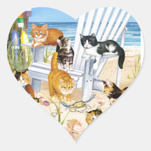 Beach Bum Kittens Heart Stickers