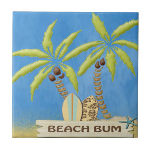 Beach Bum, Palm Trees and Surfboards Tile