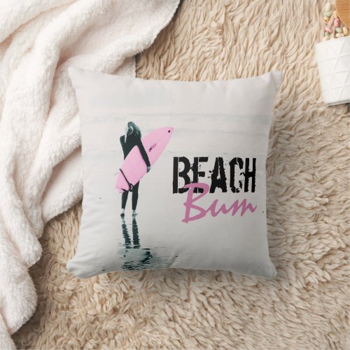 Beach Bum Surfer Girl with Surfboard Throw Pillow