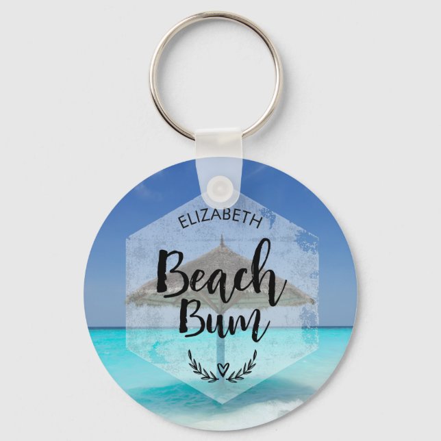 Beach Bum Typography - Umbrella on Tropical Beach Keychain (Front)