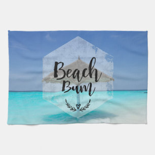 Beach Bum Typography - Umbrella on Tropical Beach Kitchen Towel