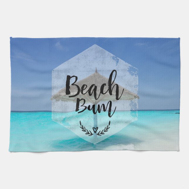 Beach Bum Typography - Umbrella on Tropical Beach Kitchen Towel (Horizontal)