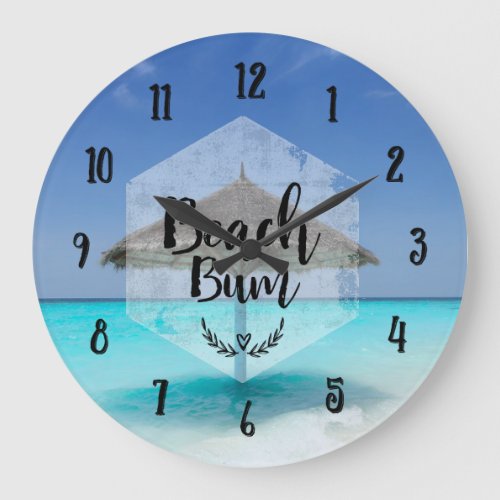 Beach Bum Typography _ Umbrella on Tropical Beach Large Clock