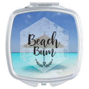 Beach Bum Typography - Umbrella on Tropical Beach Makeup Mirror