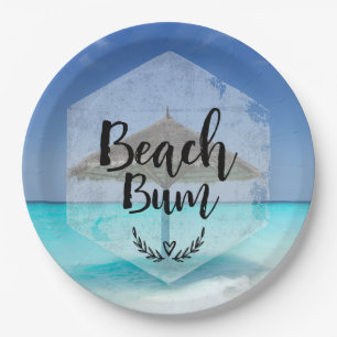Beach Bum Typography - Umbrella on Tropical Beach Paper Plates