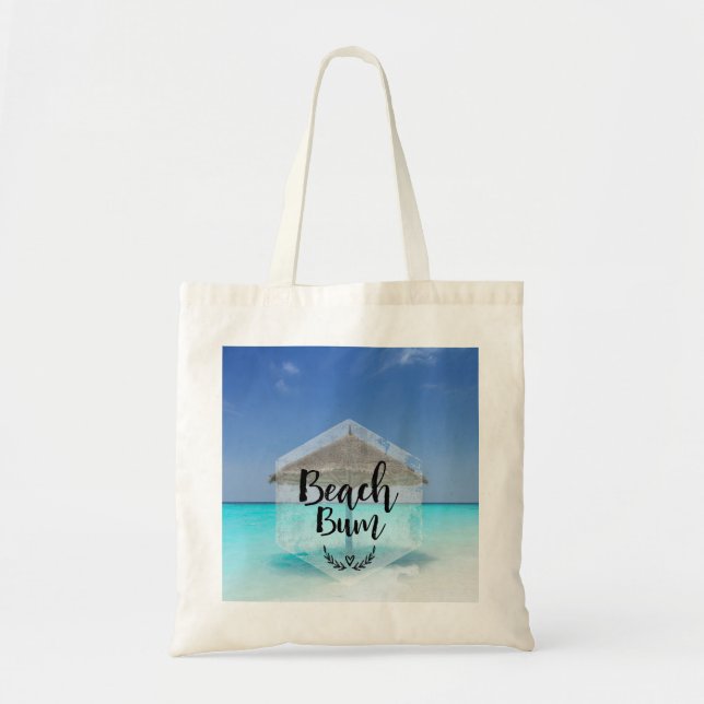 Beach Bum Typography - Umbrella on Tropical Beach Tote Bag (Front)