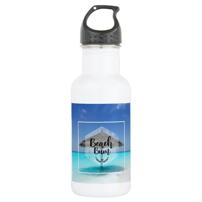 Beach Bum Typography - Umbrella on Tropical Beach Water Bottle (Front)