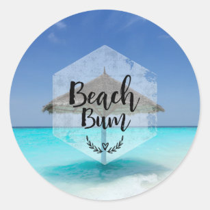 Beach Bum with Thatched Beach Umbrella Classic Round Sticker