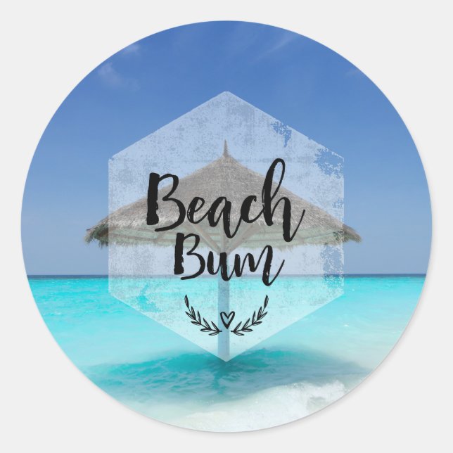 Beach Bum with Thatched Beach Umbrella Classic Round Sticker (Front)