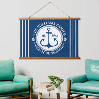Beach Bungalow | Nautical Navy Anchor Custom Name Hanging Tapestry