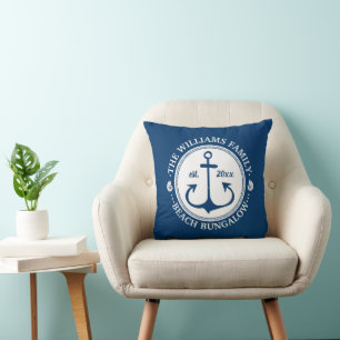 Beach Bungalow Nautical Navy Anchor Custom Name Throw Pillow