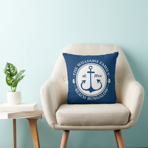 Beach Bungalow  Nautical Navy Anchor Custom Name Throw Pillow