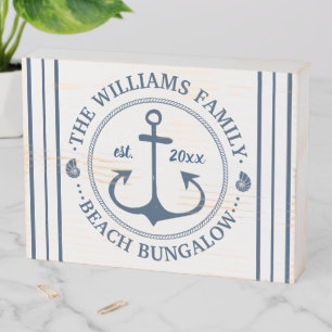 Beach Bungalow Nautical Navy Anchor Custom Name Wooden Box Sign