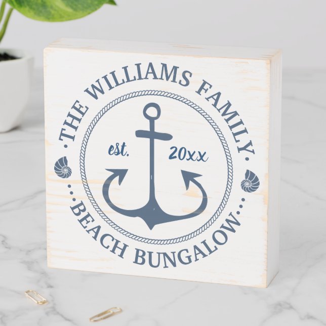 Beach Bungalow | Nautical Navy Anchor Personalized Wooden Box Sign (In Situ Horizontal)