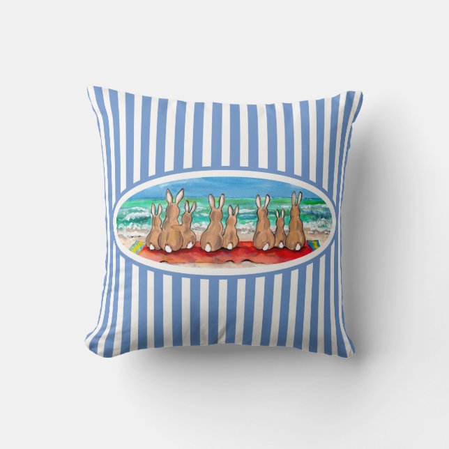 Beach Bunny Rabbit Vacation Blue Stripe Fun & Cute Throw Pillow (Front)
