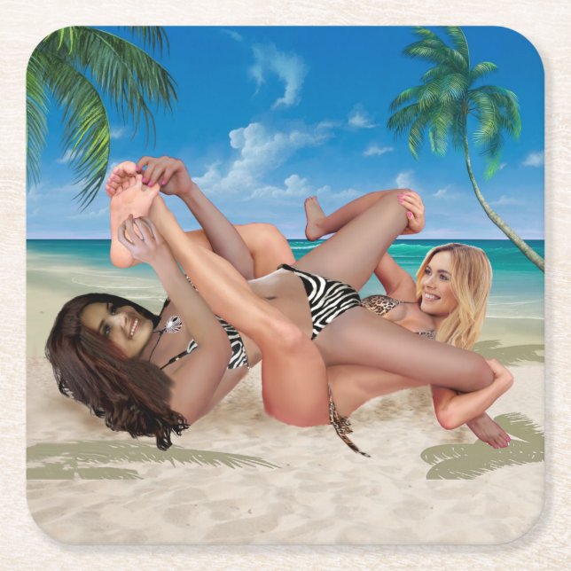 BEACH BUNNY'S TICKLE WRESTLING SQUARE PAPER COASTER (Front)