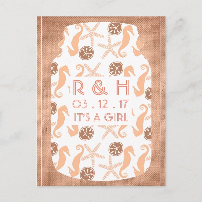 Beach Burlap Mason Jar Baby Announcement Postcard (Front)