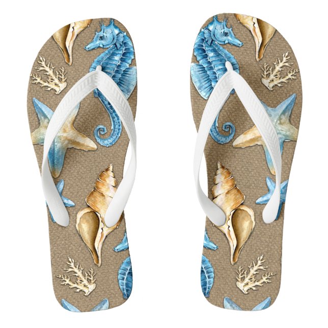 Beach Burlap Seashell Nautical Starfish + Seahorse Flip Flops (Footbed)