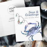 Beach Business Christmas Cards With Logo Crab<br><div class="desc">Send coastal Christmas greetings this season with these beach Christmas cards, featuring a watercolor crab in nautical shades of blue and the cheerful phrase "Seas and Greetings" in playful typography. These ocean-themed Christmas cards open to reveal your custom message, perfect for personal or business Christmas cards with logo options. Use...</div>