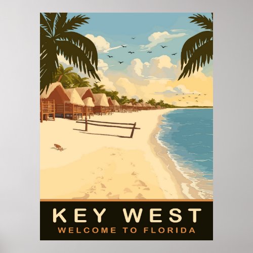 Beach Cabins at Key West Florida Vintage Travel Poster