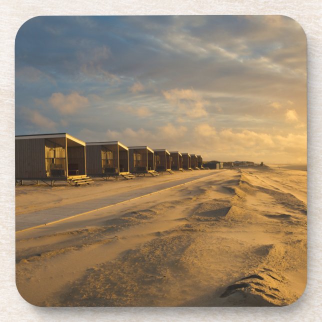 Beach cabins at sunset at the dutch coast beverage coaster (Front)