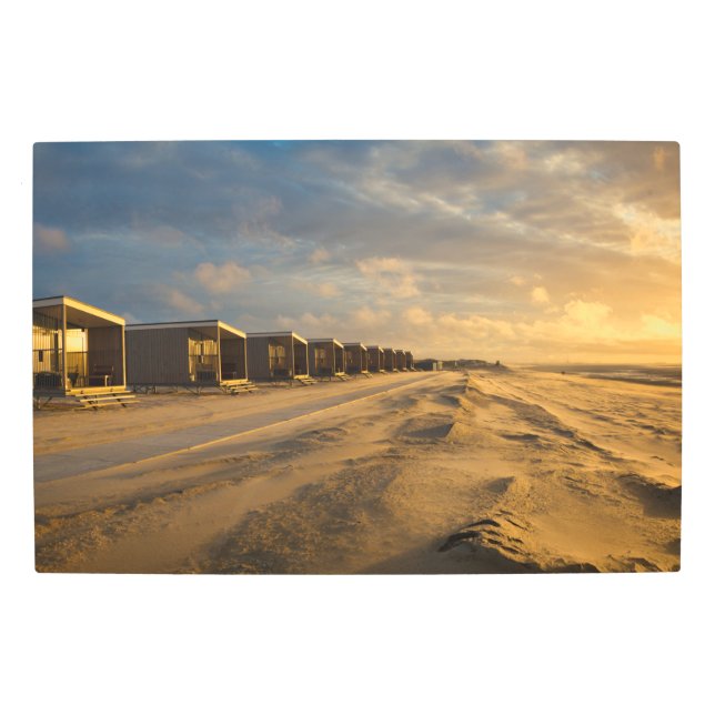 Beach cabins at sunset at the dutch coast metal print (Front)