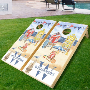 Beach Cabins Summer Ocean Watercolor Monogram Name Cornhole Set
