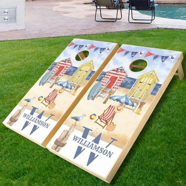 Beach Cabins Summer Ocean Watercolor Monogram Name Cornhole Set (Creator Uploaded)