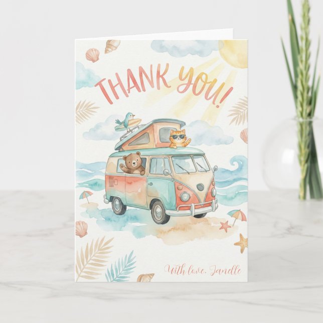 Beach Camper Van Thank You Cute Summer Vacation Card (Front)