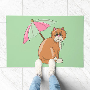 Beach Cat with Pink and Green Umbrella Doormat