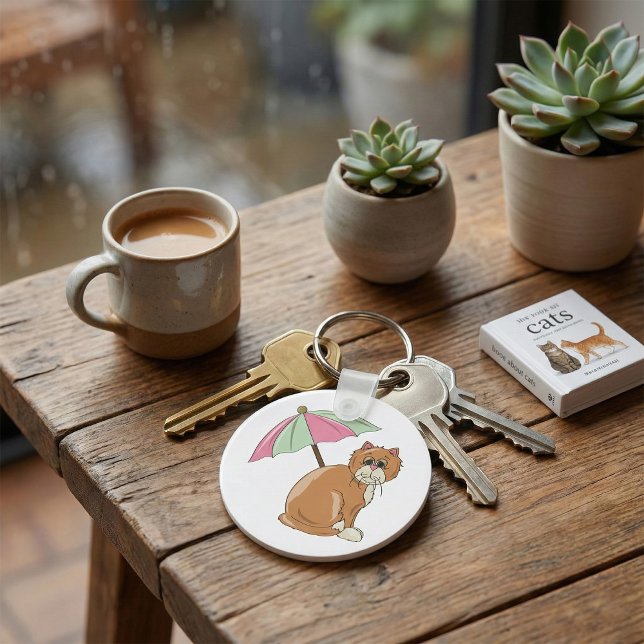 Beach Cat with Pink and Green Umbrella  Keychain (Creator Uploaded)