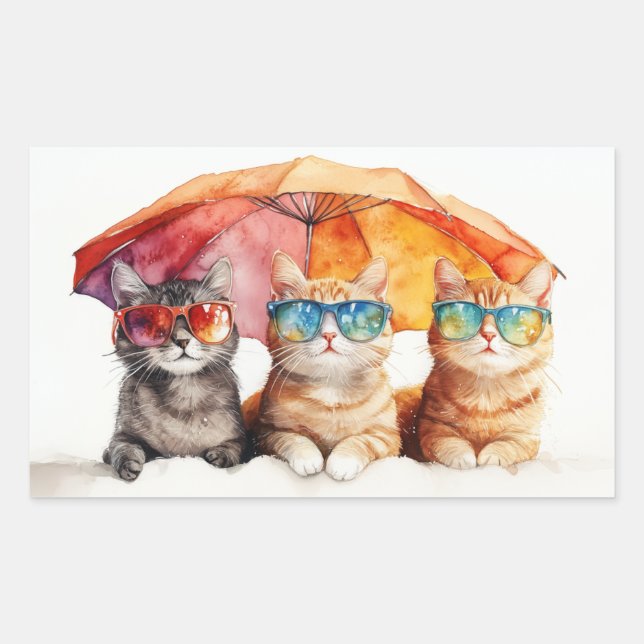 Beach Cats Umbrella Summer Kitties  Rectangular Sticker (Front)