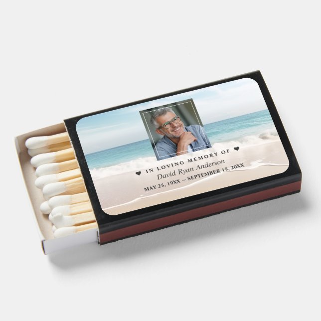 Beach Celebration of Life Photo Funeral Memorial Matchboxes (Front Open)