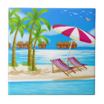 Beach Ceramic Tile<br><div class="desc">Illustration of beach view with cottages</div>