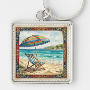 BEACH CHAIR AND COLORFUL BEACH UMBRELLA KEYCHAIN