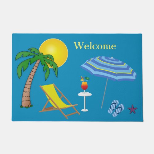 Beach Chair Palm Tree Ocean Umbrella Flip Flops Doormat