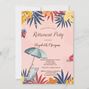 Beach Chair,Parasol,Palm Leaves Hibiscus Invitation