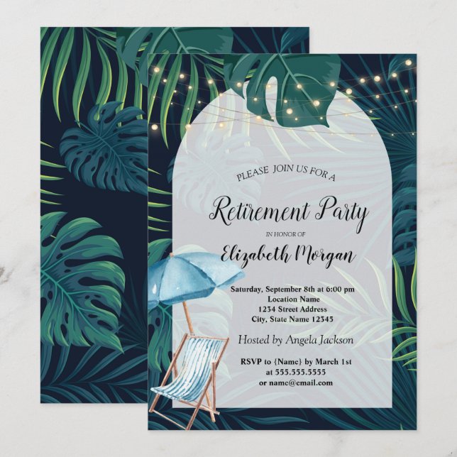 Beach Chair,Parasol,Palm Leaves Retirement Invitation (Front/Back)