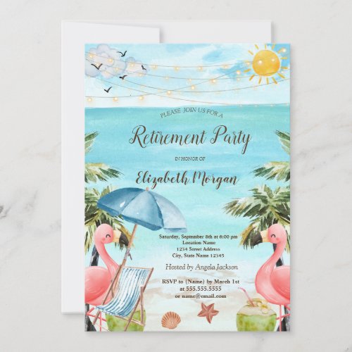 Beach ChairParasolPalmPink Flamingos Invitation