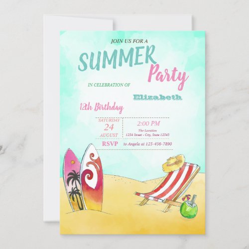 Beach ChairSurfing Birthday Party  Invitation