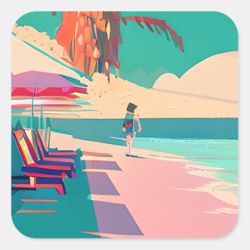Beach Chair Umbrella Coral and Teal Beach Square Sticker