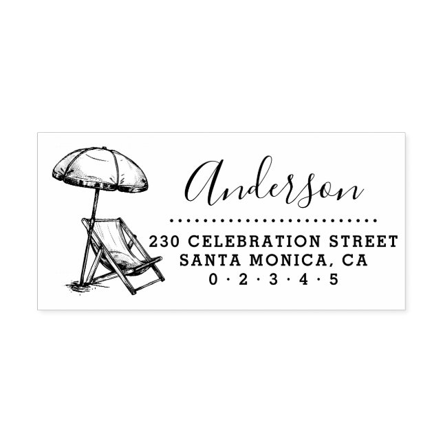 Beach Chair & Umbrella Script Name Return Address Rubber Stamp (Imprint)